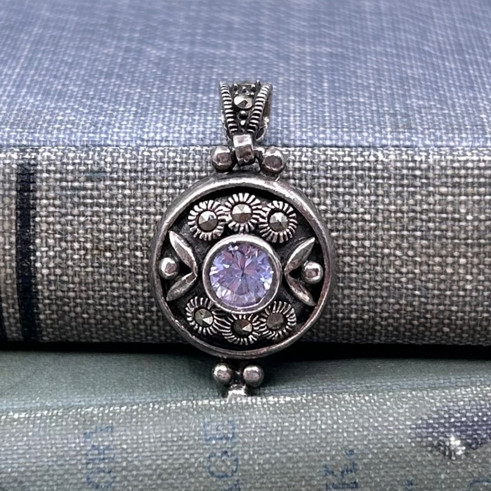 Vintage Sterling Silver Amethyst Bali Style Pendant Marcasite Stone Ornate Bail